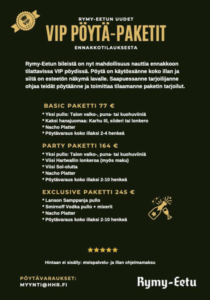 vip pöytä paketit rymyeetu